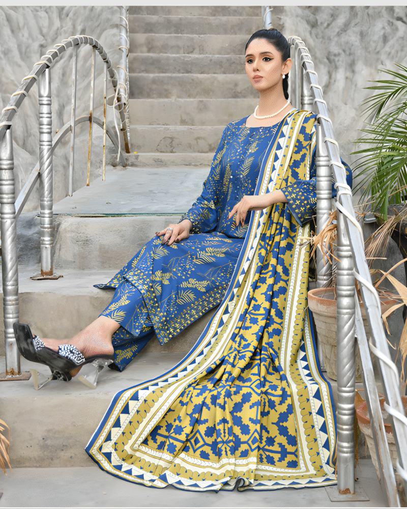 Blue and Mustard Printed Lawn Suit