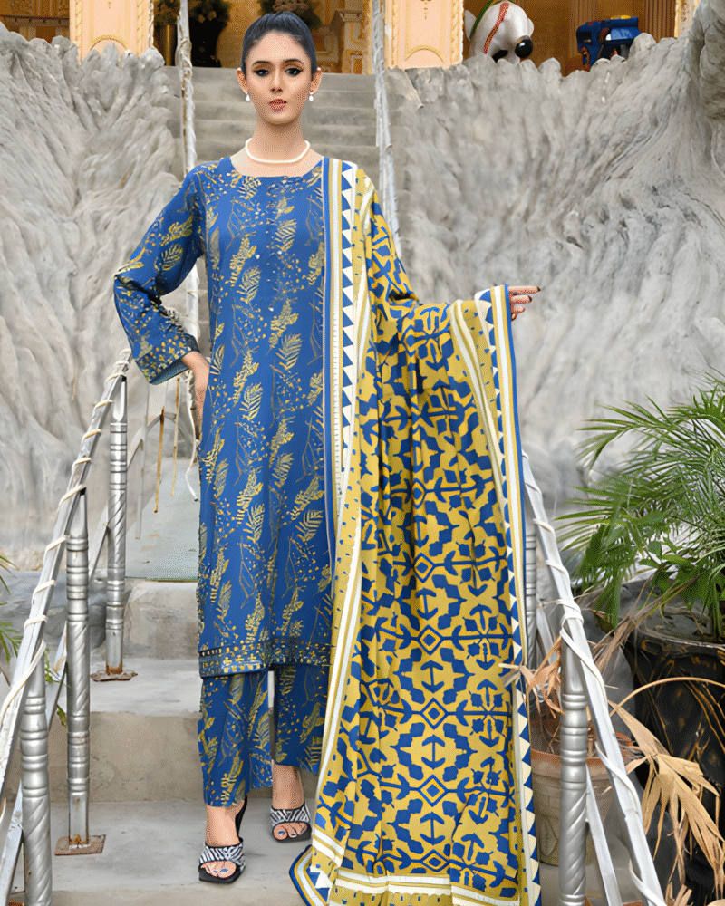 Elegant 3-Piece Blue and Mustard Printed Bana Dhora Suit – Trendy Winter Collection - Image 2