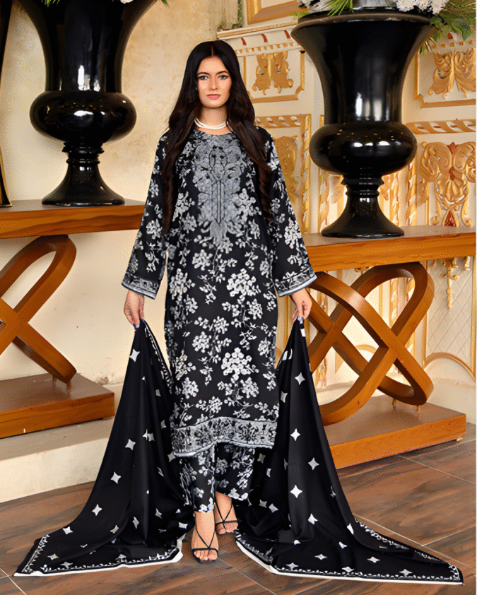 Premium Bana Dhora 3-Piece Printed Suit – Luxury Winter Collection for Women