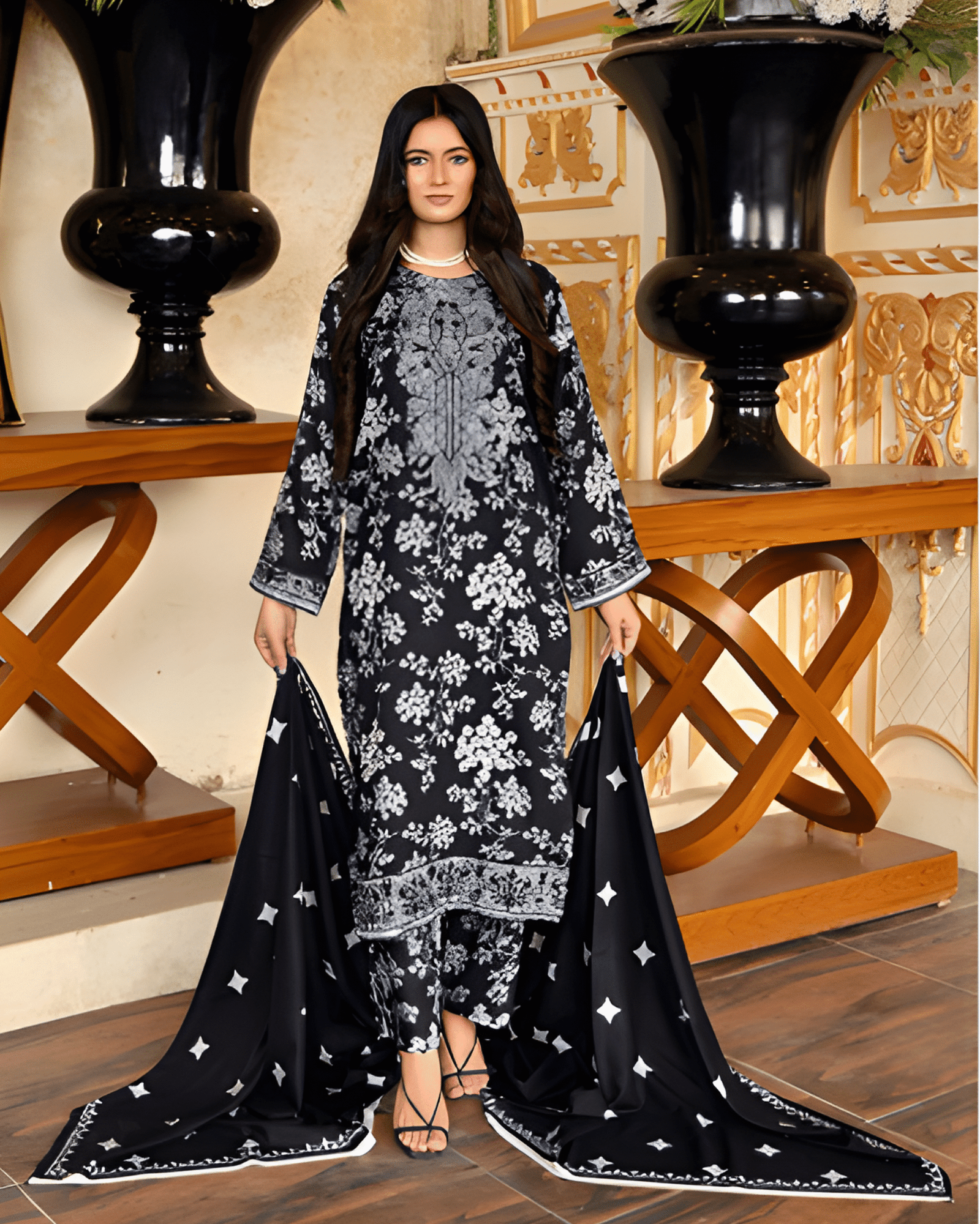 Premium Bana Dhora 3-Piece Printed Suit – Luxury Winter Collection for Women
