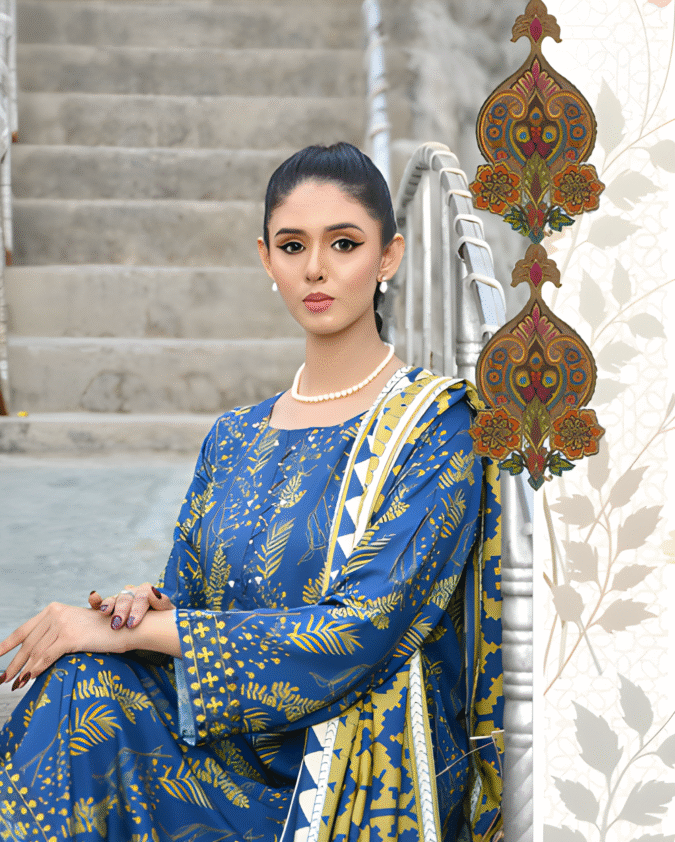 Blue and Mustard Printed Lawn Suit