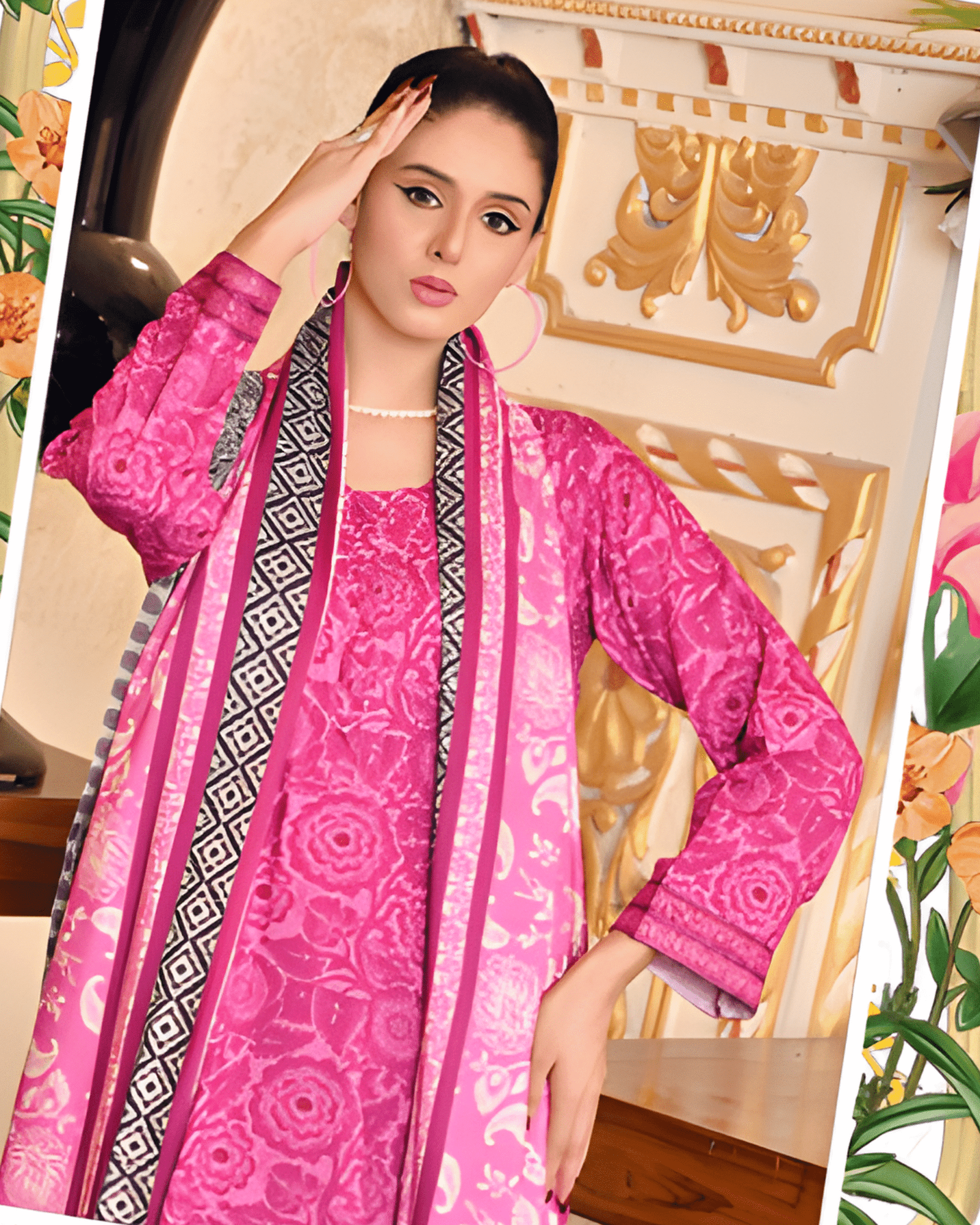 Exclusive Bana Dhora 3-Piece Printed Outfit – Luxury Winter Dress Collection - Image 3